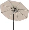 10-foot beige solar patio umbrella with 96 LED lights, tilt adjustment, and heavy-duty ribs for outdoor relaxation.