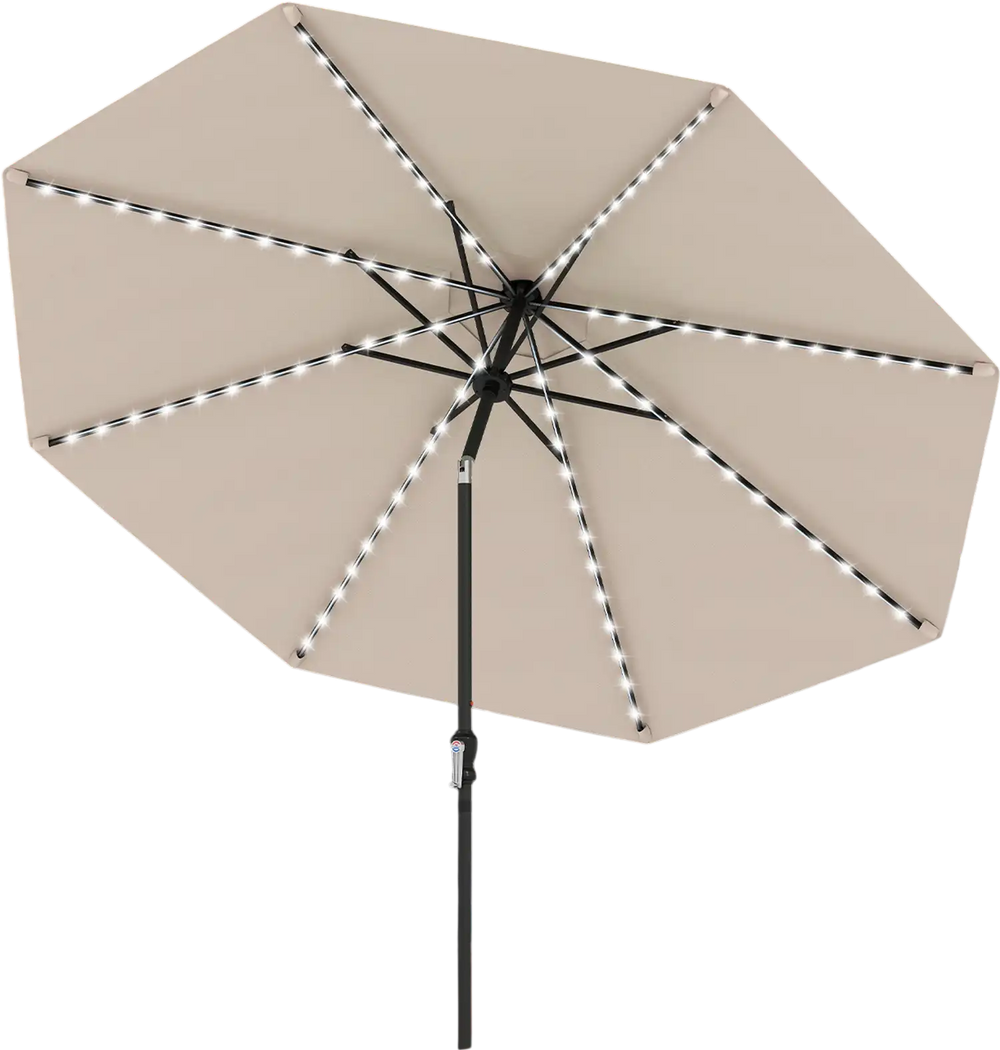 10-foot beige solar patio umbrella with 96 LED lights, tilt adjustment, and heavy-duty ribs for outdoor relaxation.