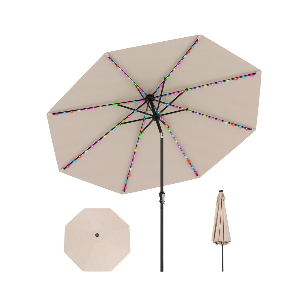 Beige 10 feet solar patio umbrella with 96 LED lights, tilt adjustment, and durable design for outdoor use.
