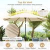 10-foot beige solar patio umbrella with LED lights, featuring a top air vent for ventilation and tilt adjustment for.