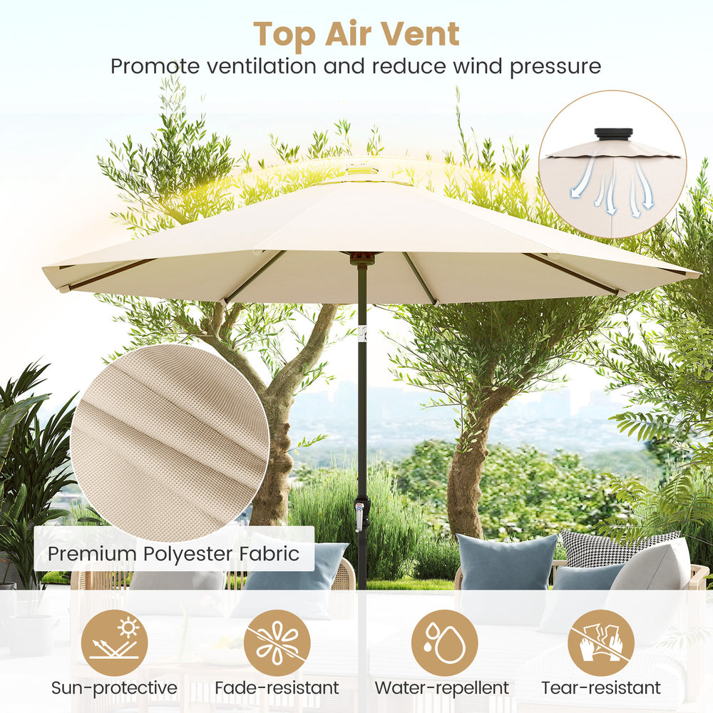10-foot beige solar patio umbrella with LED lights, featuring a top air vent for ventilation and tilt adjustment for.