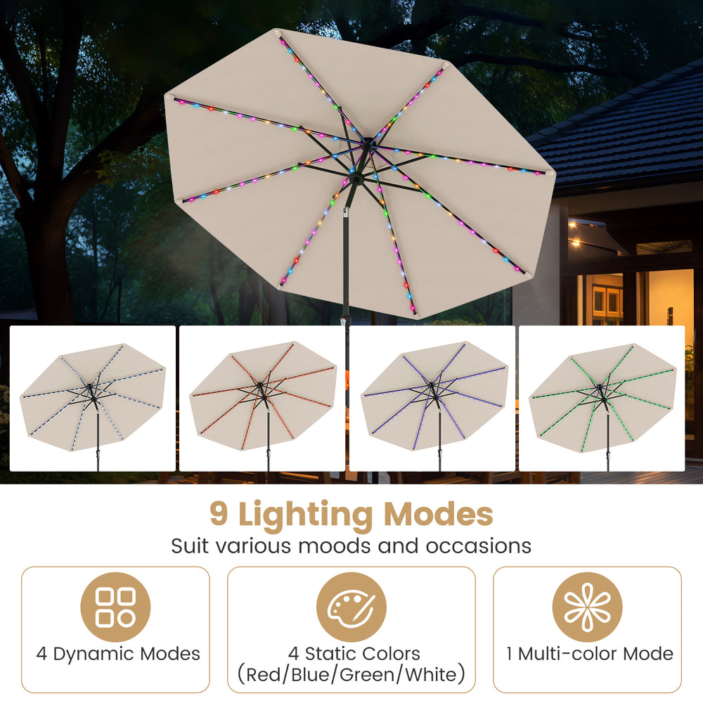10-foot beige solar patio umbrella with 96 LED lights, featuring 9 lighting modes and tilt adjustment for customized.