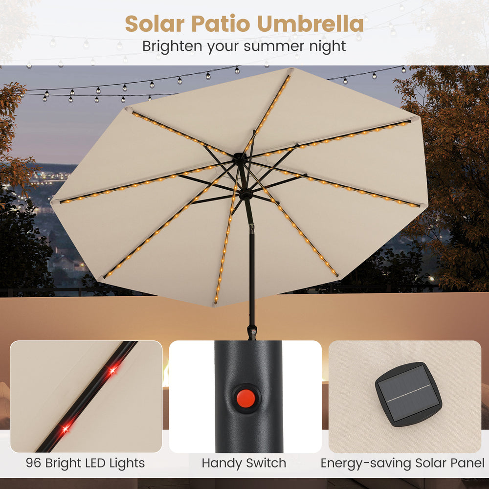10-foot beige solar patio umbrella with 96 LED lights, tilt adjustment, and durable design for summer evenings.