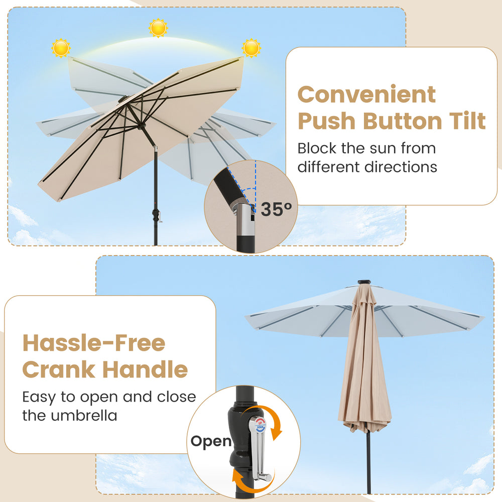10-foot beige solar patio umbrella with tilt adjustment and crank handle, featuring 96 LED lights for evening ambiance.