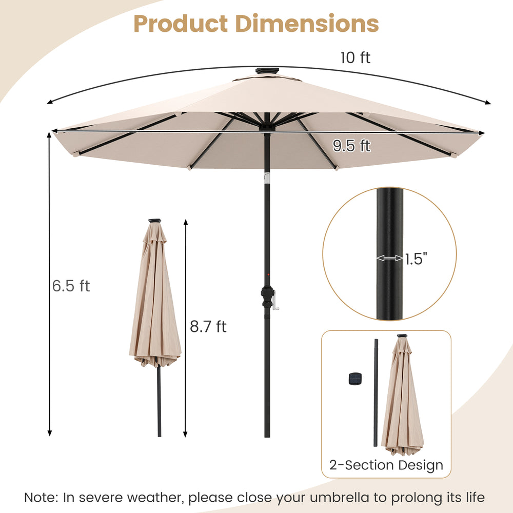 10-foot beige solar patio umbrella with 96 LED lights, tilt adjustment, and 2-section design for easy storage.