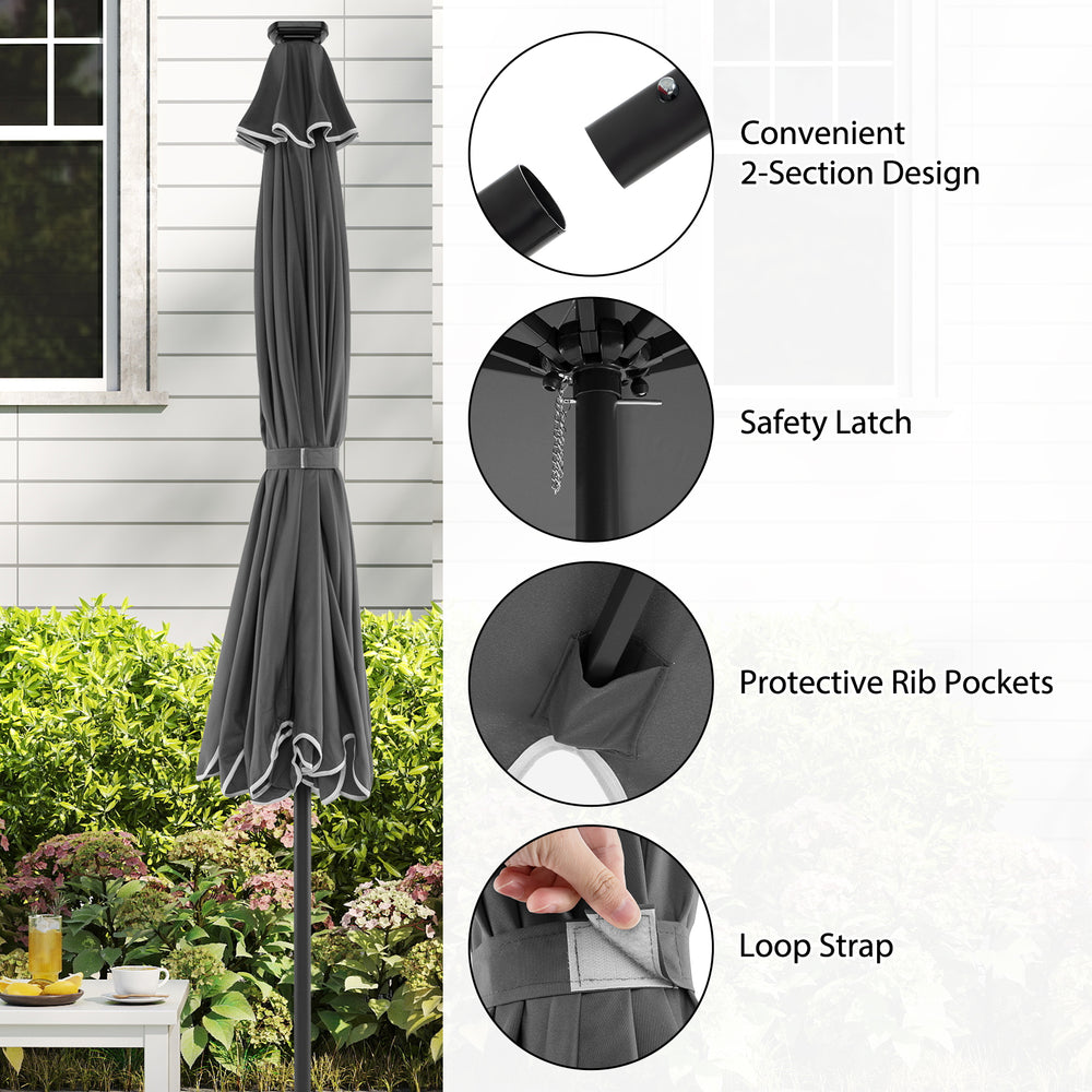 Gray 10 feet solar patio umbrella with 24 LED lights, featuring a 2-section design and safety latch for easy storage.