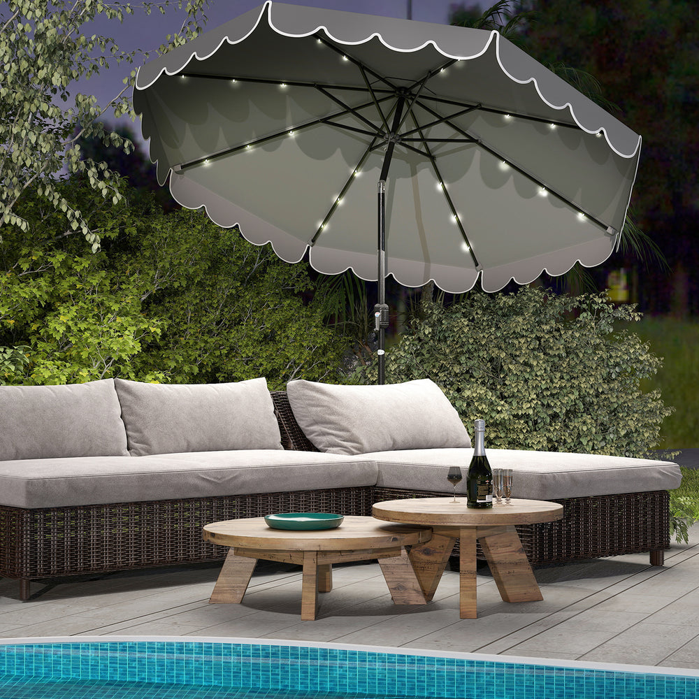 Gray 10-foot solar patio umbrella with 24 LED lights, ruffled edges, and a sturdy design for outdoor relaxation.