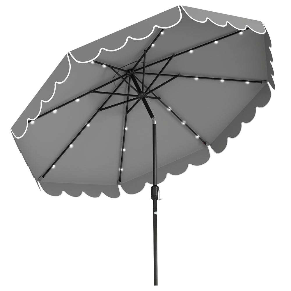 Gray 10 feet solar patio umbrella with 24 LED lights, featuring ruffled edges and a convenient crank handle for easy.