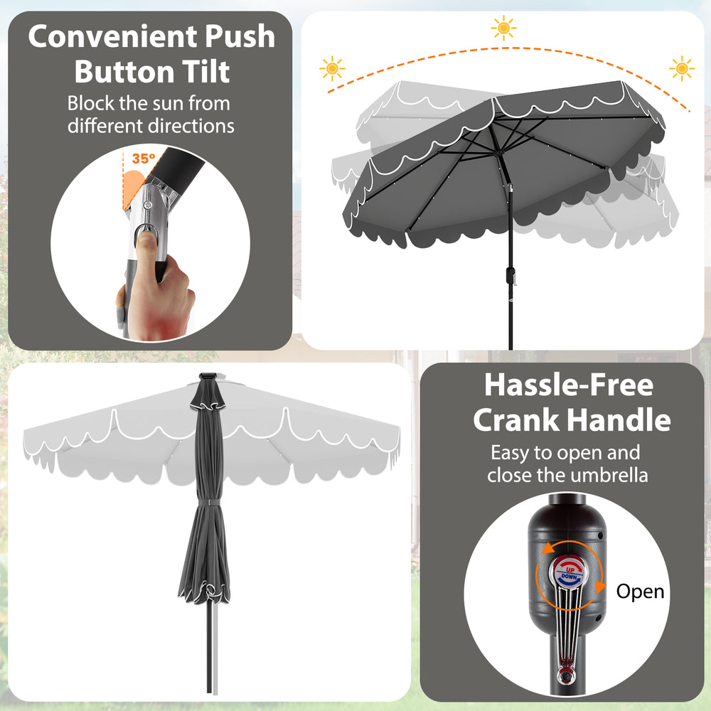 Gray 10 feet solar patio umbrella with 24 LED lights, push button tilt, and crank handle for easy operation.