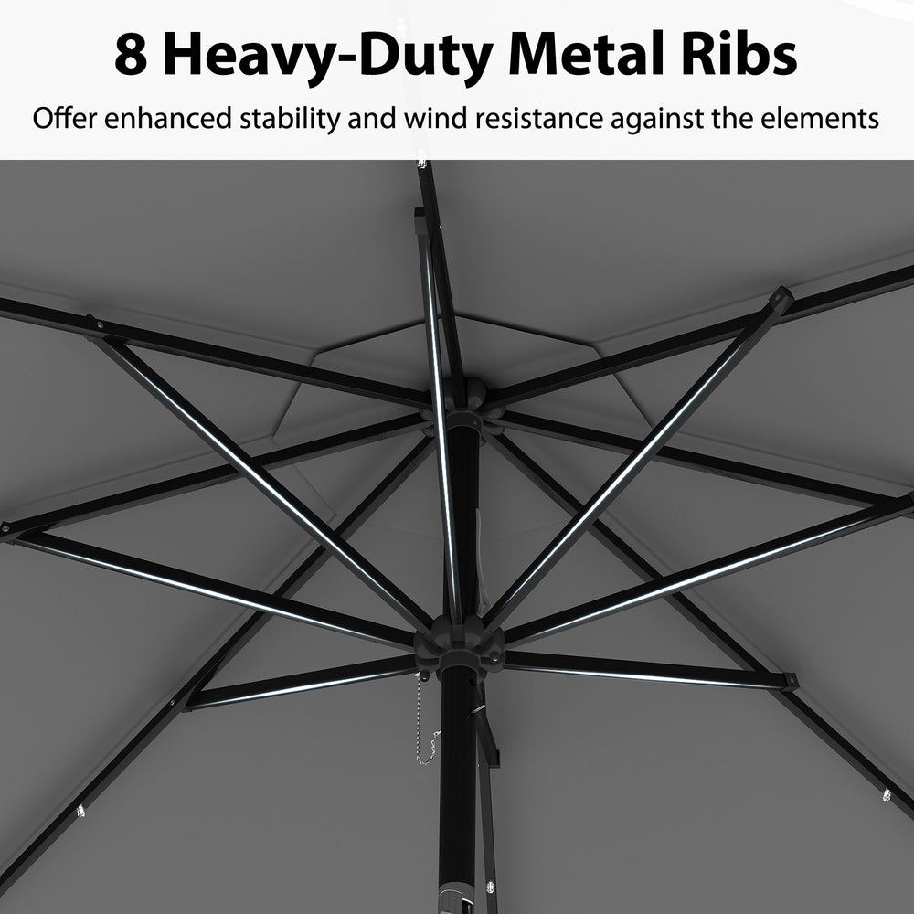 Heavy-duty metal ribs of the 10 feet solar patio umbrella provide stability and wind resistance for outdoor use.