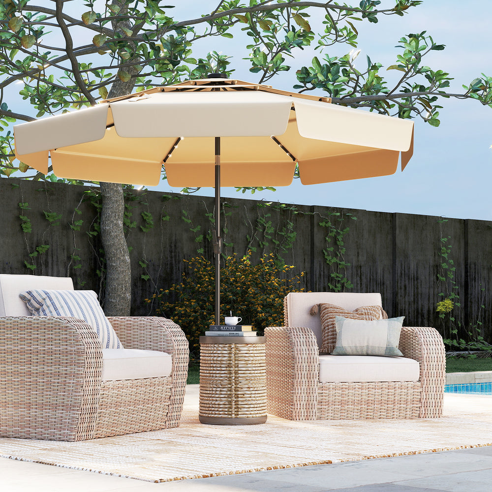 Beige 10 feet solar patio umbrella with 3-tier vented top, LED lights, and ruffled edges for outdoor shade and ambiance.