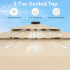 3-tier vented top of a 10-foot beige solar patio umbrella, enhancing airflow and stability for outdoor use.