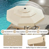 Beige 10 feet solar patio umbrella with a 3-tier vented top, ruffled edges, and LED lights for enhanced sunshade and.