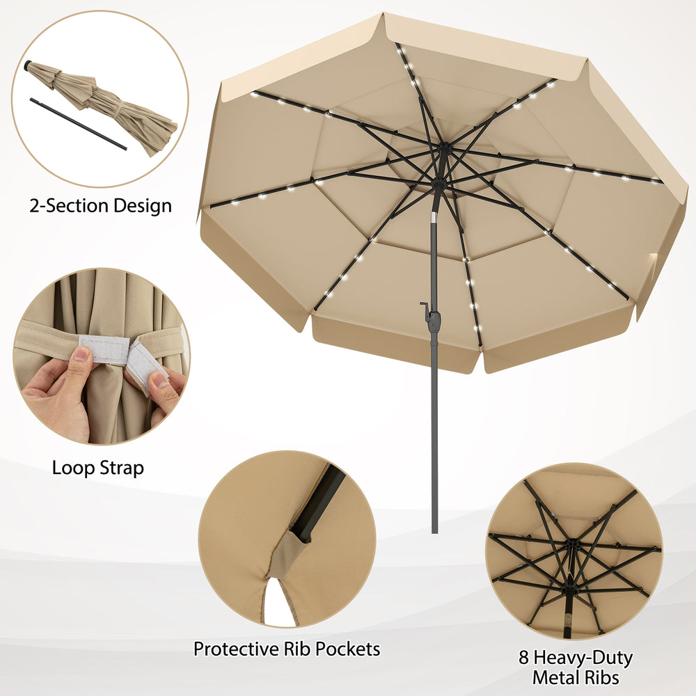 10-foot beige solar patio umbrella with 3-tier vented top, 8 metal ribs, and LED lights for enhanced outdoor ambiance.
