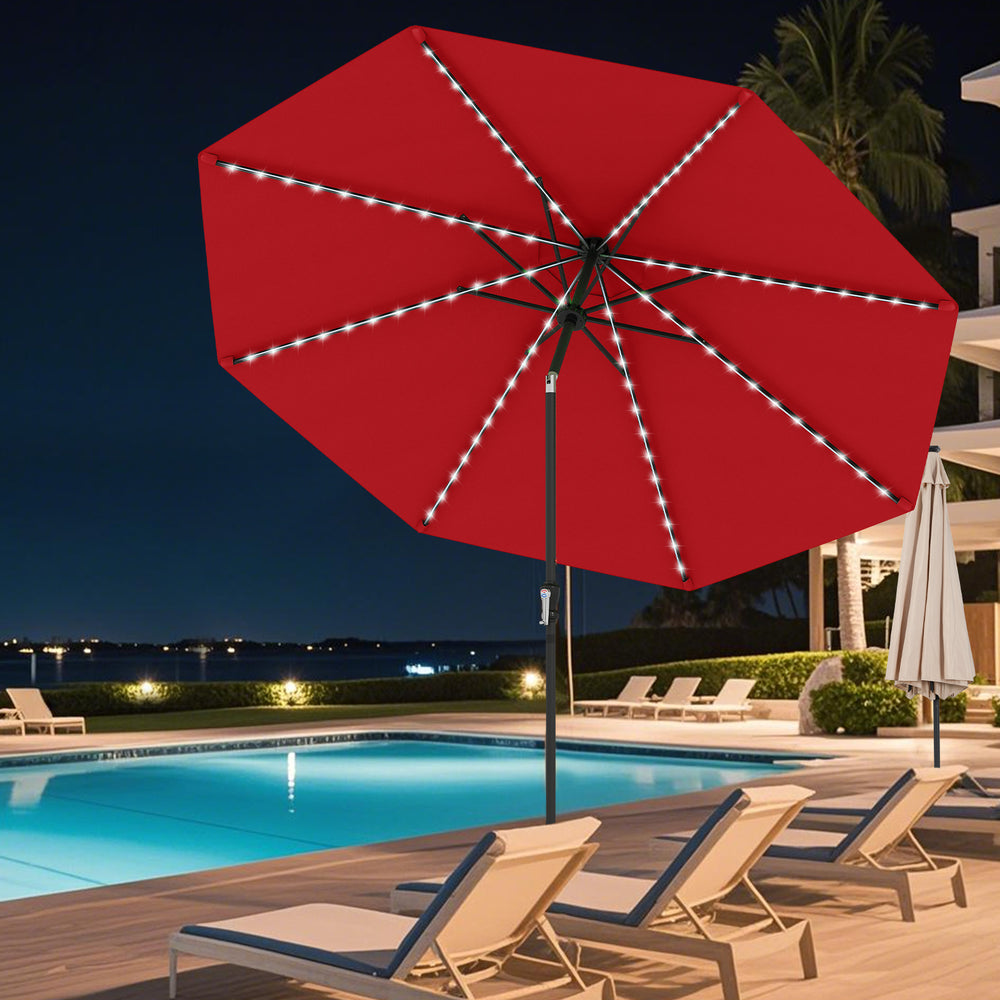 10 Feet Solar Patio Umbrella with 96 Multi-Colored Flowing LED Lights and Tilt Adjustment-Red - Gallery View 1 of 11
