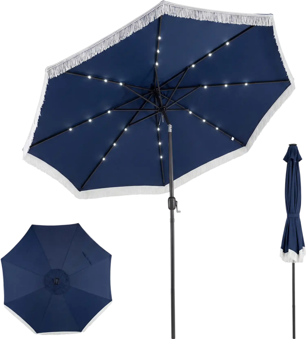 Navy 10 feet solar patio umbrella with 24 LED lights, featuring a push button tilt and elegant tassel for outdoor use.