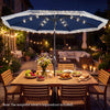 Navy 10 feet solar patio umbrella with 24 LED lights, featuring a stylish tassel and push button tilt for optimal shade.