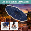 10 feet navy solar patio umbrella with 24 LED lights, featuring a push button tilt and elegant tassel for outdoor.