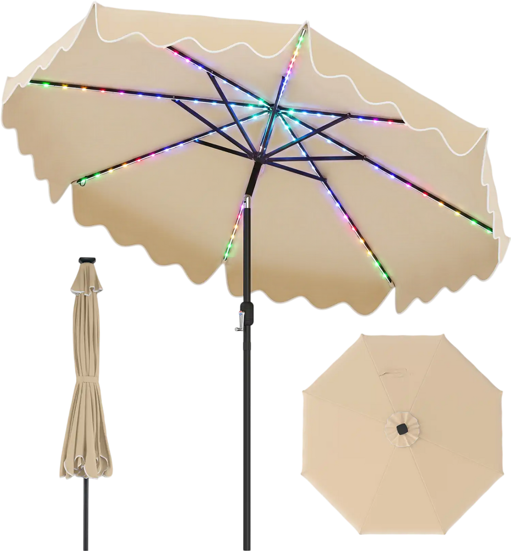Beige 10-foot solar patio umbrella with color-changing LED lights and decorative ruffled trims for outdoor ambiance.