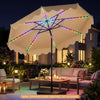 Beige 10-foot solar patio umbrella with color-changing LED lights, perfect for enhancing outdoor ambiance at night.