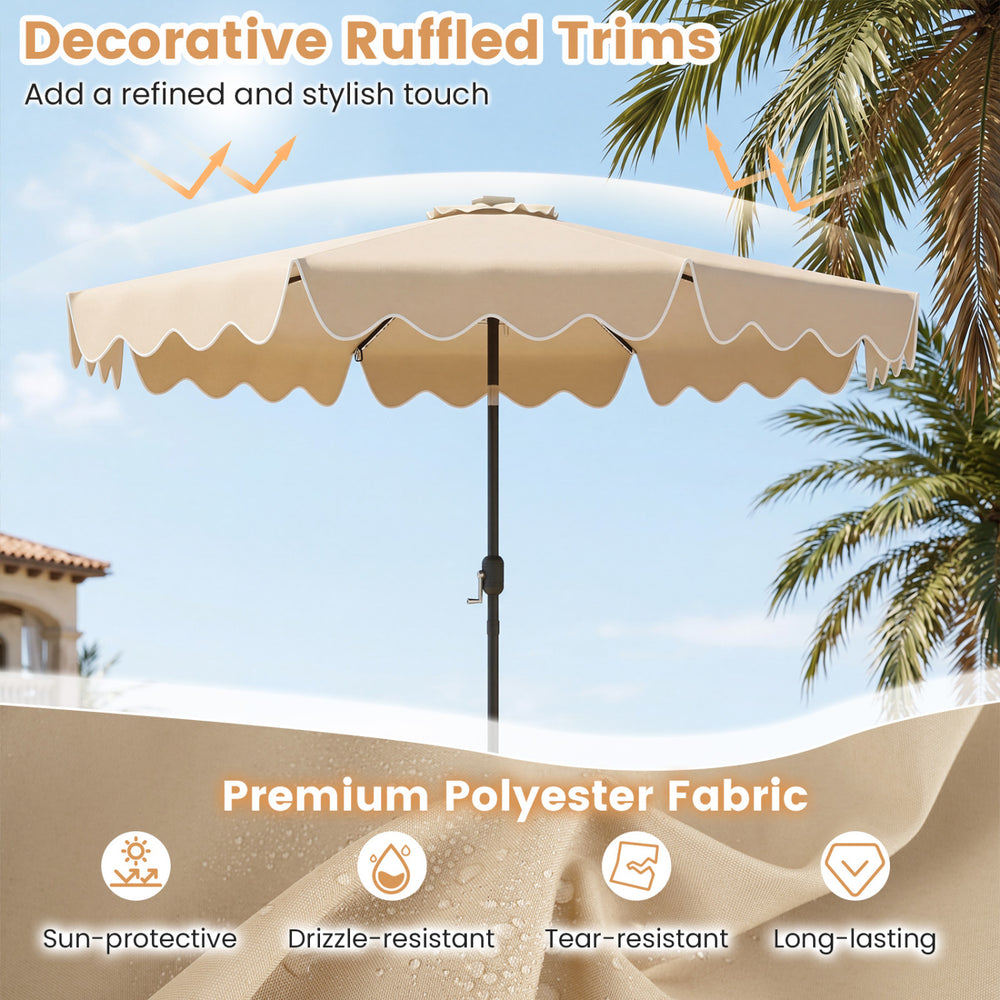 10-foot beige solar patio umbrella with decorative ruffled trims, featuring tear-resistant polyester fabric for outdoor.