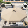 10-foot beige solar patio umbrella with dual charging options, featuring LED lights and adjustable brightness for.