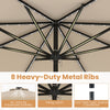 10-foot beige solar patio umbrella with 8 heavy-duty metal ribs and color-changing LED lights for outdoor ambiance.