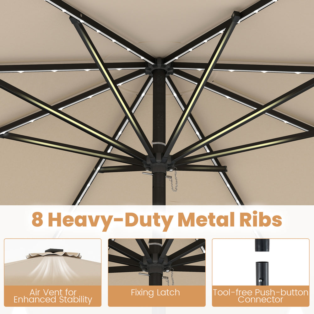 10-foot beige solar patio umbrella with 8 heavy-duty metal ribs and color-changing LED lights for outdoor ambiance.