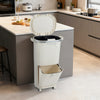 Beige 10-gallon kitchen trash can with dual buckets, push-top lid, and wheels for easy mobility and waste sorting.