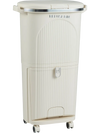 Beige 10-gallon kitchen trash can featuring a tilting compartment, folding pedal, and convenient side handles for easy.