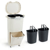 10-gallon beige kitchen trash can with dual 3.2-gallon buckets, push-top lid, and removable compartments for waste.