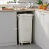 Space-saving 10-gallon kitchen trash can in beige with dual buckets, ergonomic height, and wheels for easy mobility.
