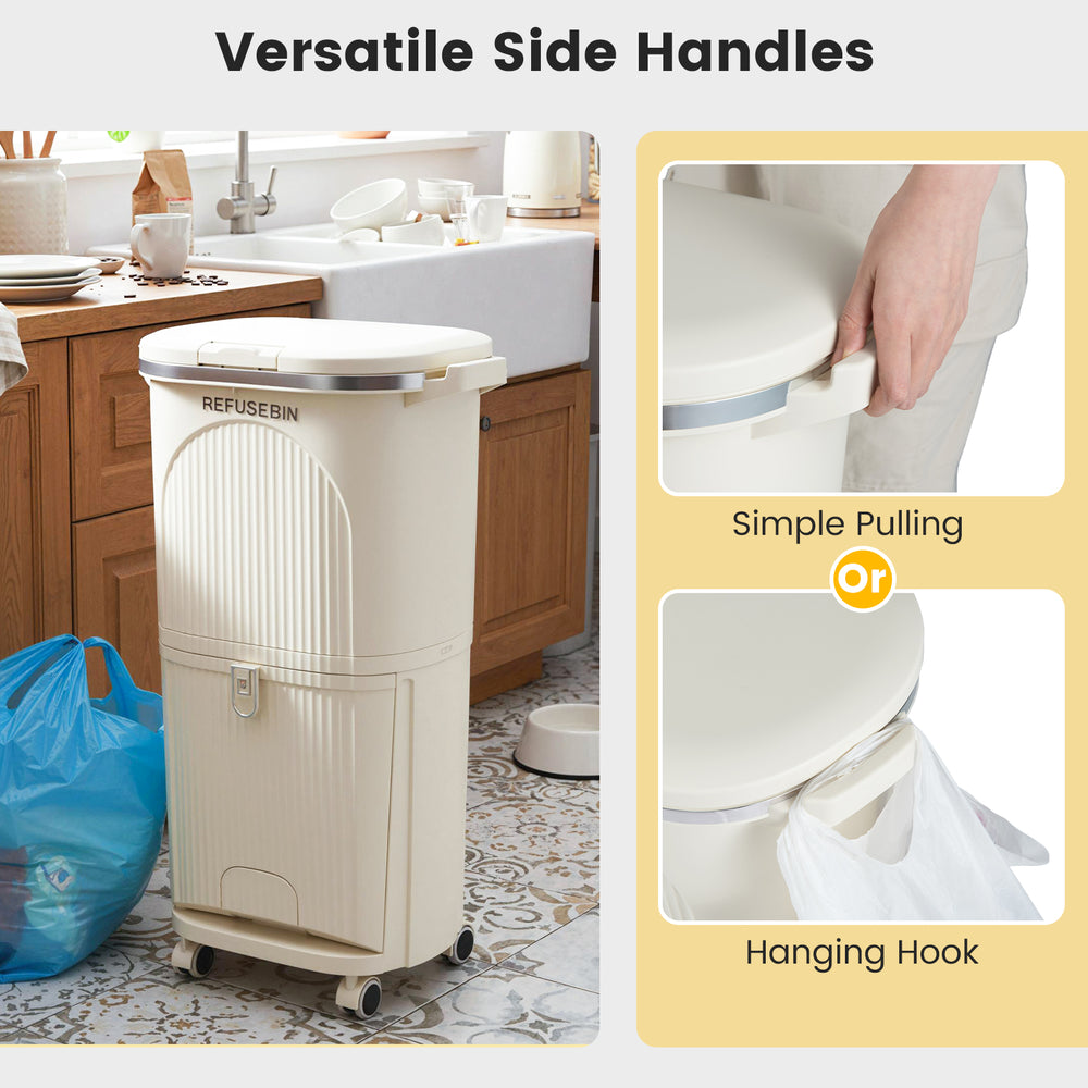 10-gallon beige kitchen trash can with dual buckets, versatile side handles, and push-top lid for easy waste disposal.