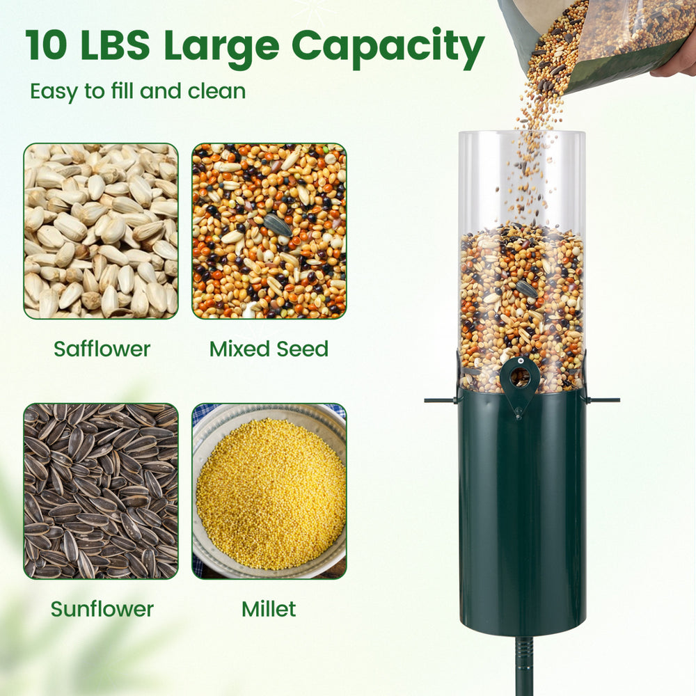 Large capacity squirrel-proof bird feeder with pole mount, holding 10 lbs of mixed seeds for year-round bird feeding.