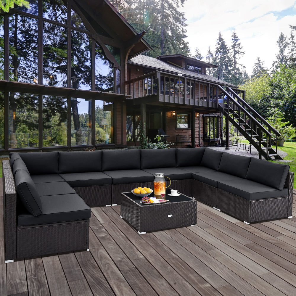 10 Piece Outdoor Wicker Conversation Set with Seat and Back Cushions-Black - Gallery View 1 of 10