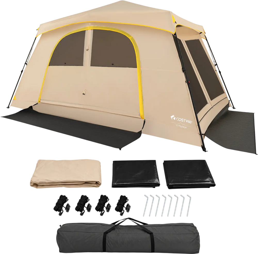 Large 10-person instant cabin camping tent with removable rainfly, featuring UPF30 protection and quick 60-second setup.