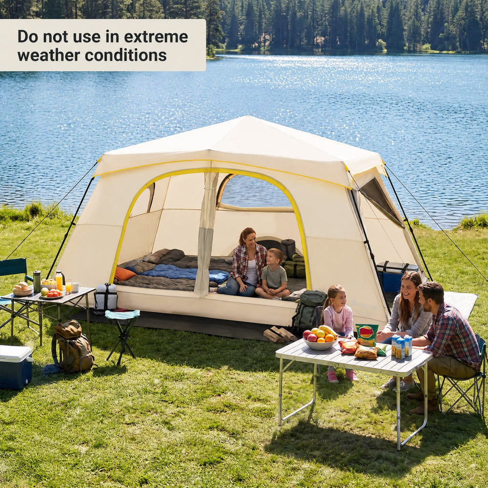 Large 10-person instant cabin camping tent with rainfly, featuring versatile room design and excellent ventilation for family outings.