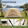 Large 10-person instant cabin camping tent with rainfly, featuring quick setup, mesh windows, and durable ground stakes.