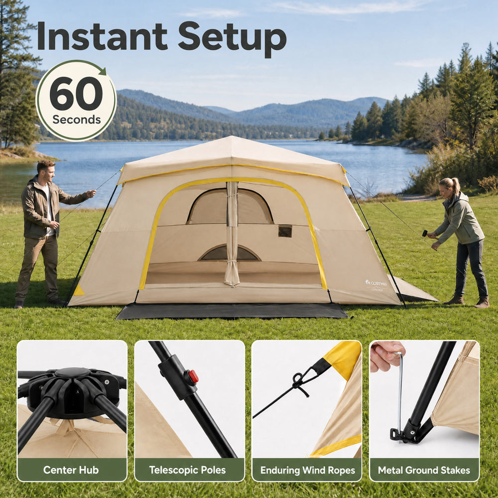 Large 10-person instant cabin camping tent with rainfly, featuring quick setup, mesh windows, and durable ground stakes.