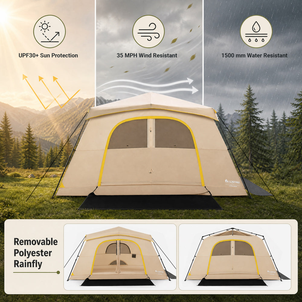 Large 10-person instant cabin camping tent with removable rainfly, offering UPF30 protection and 1500 mm water resistance.