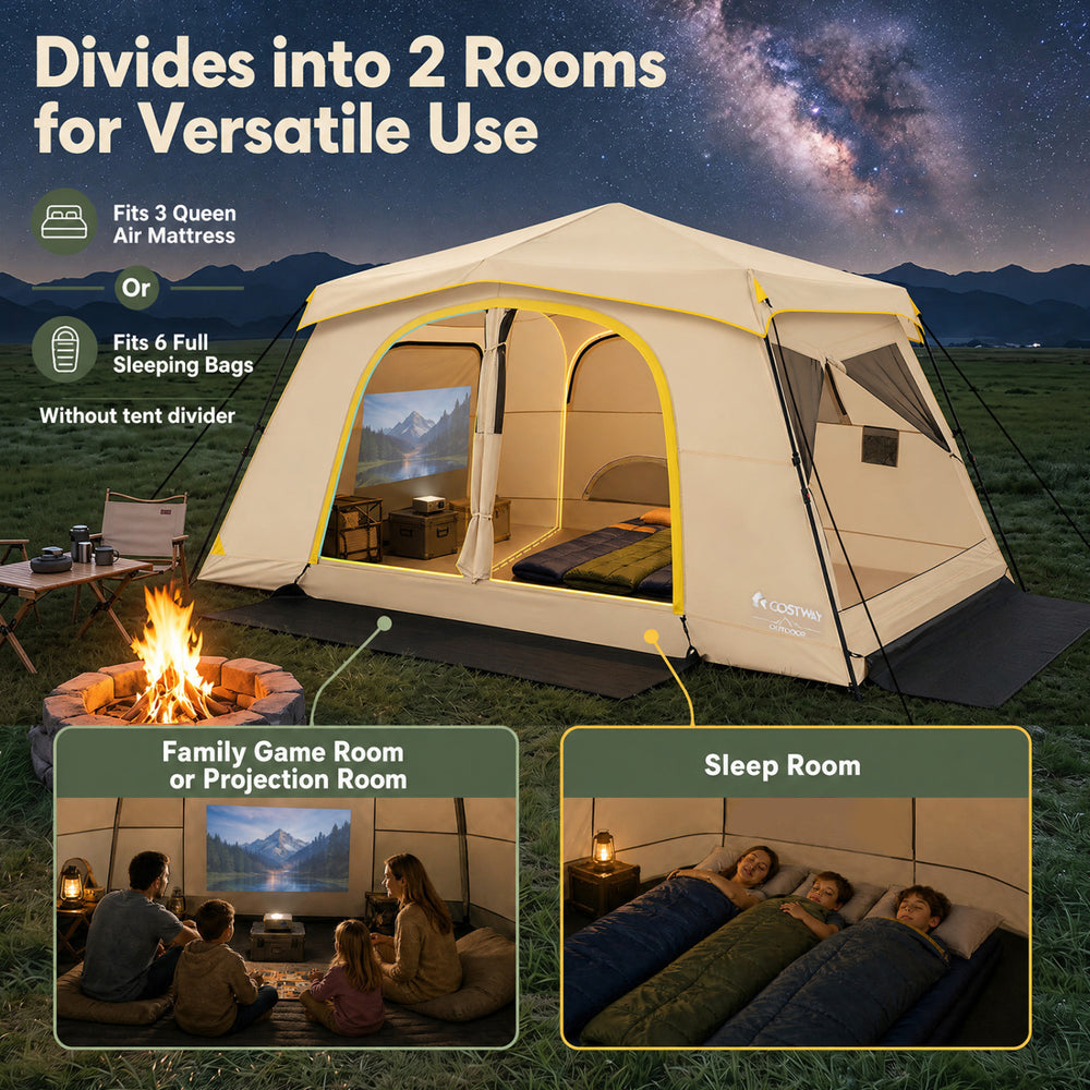 Large 10-person instant cabin camping tent with rainfly, featuring versatile 2-room design for family or sleep use.