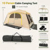 Spacious 10-person cabin camping tent with rainfly, featuring 3 doors, 3 windows, and quick 60-second setup for family trips.