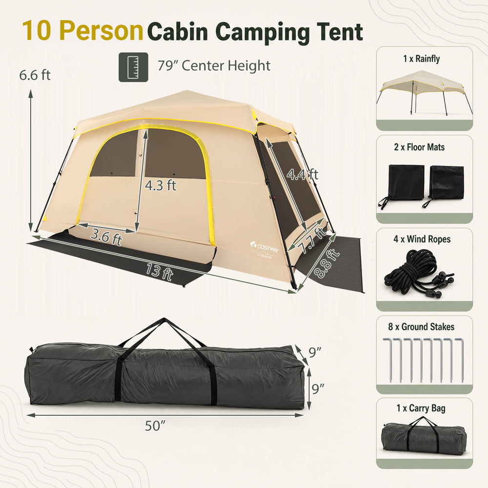 Spacious 10-person cabin camping tent with rainfly, featuring 3 doors, 3 windows, and quick 60-second setup for family trips.