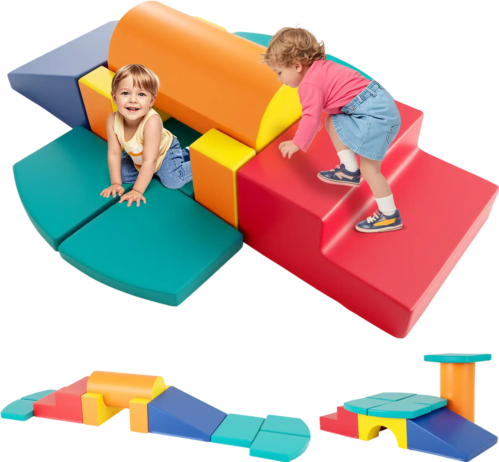 Colorful 10-piece foam climbing toys for toddlers, featuring soft PU leather, promoting creativity and motor skills.