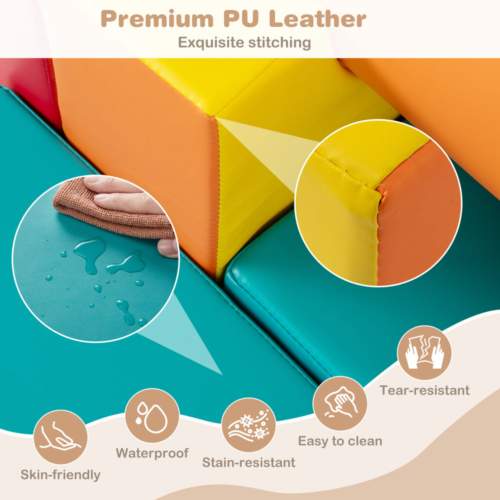 Close-up of colorful PU leather climbing blocks showcasing waterproof, stain-resistant surfaces for toddlers' play and.