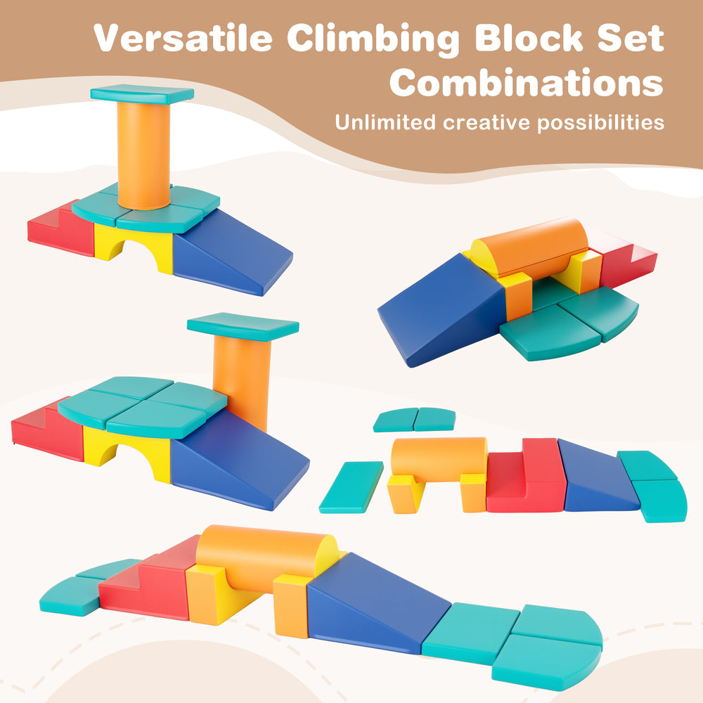 Colorful 10-piece foam climbing block set for toddlers, featuring various shapes for creative play and development.