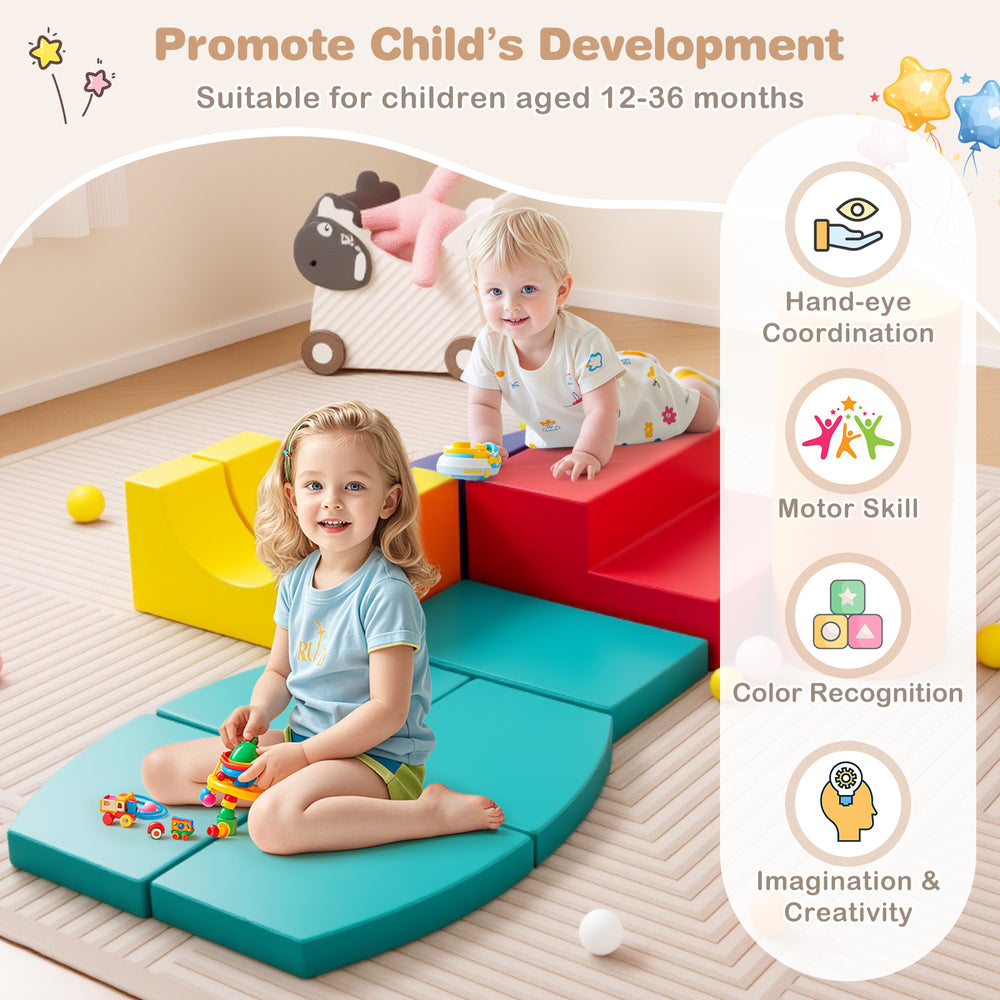 Colorful 10-piece foam climbing toys for toddlers, crafted from durable PU leather, promoting creativity and motor.