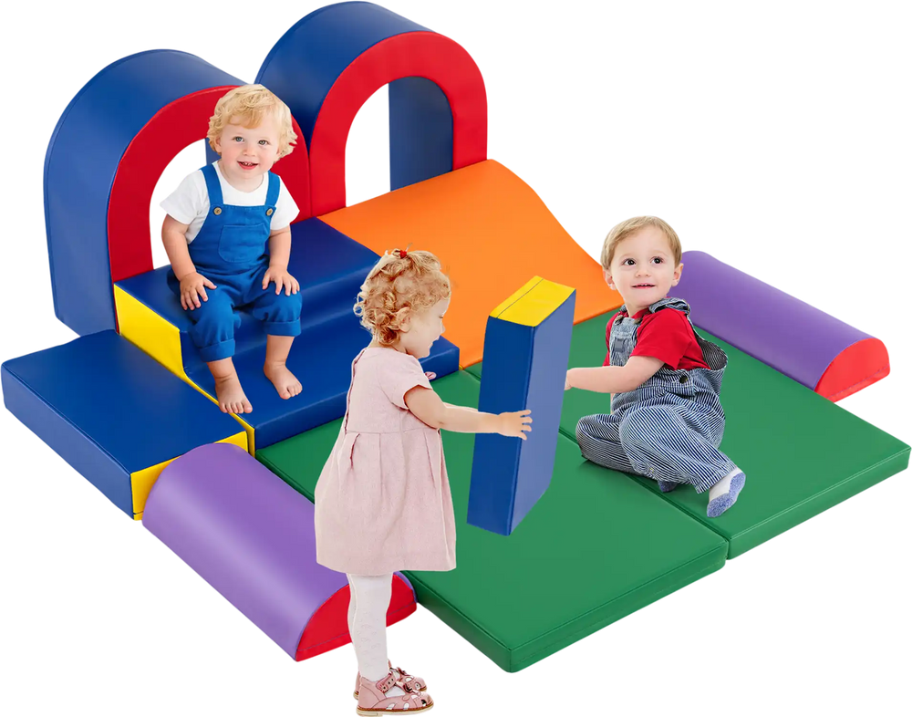 Colorful 10-piece foam climbing blocks set in a play gym, featuring safe rounded edges for toddlers aged 1+ years.