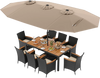10-piece outdoor dining set featuring a brown acacia wood tabletop, rattan chairs, and a large double-sided umbrella.
