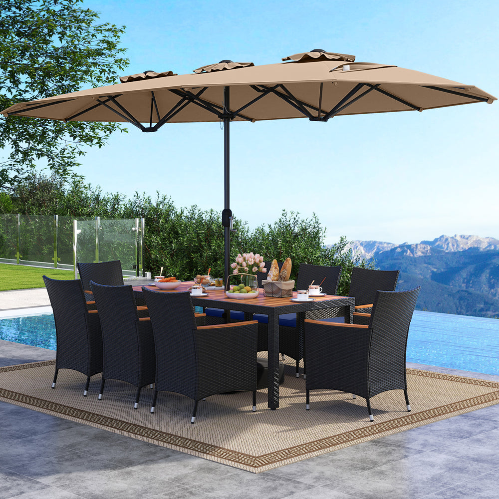 10-piece outdoor patio dining set featuring a brown rattan surface, acacia wood accents, and a large double-sided.